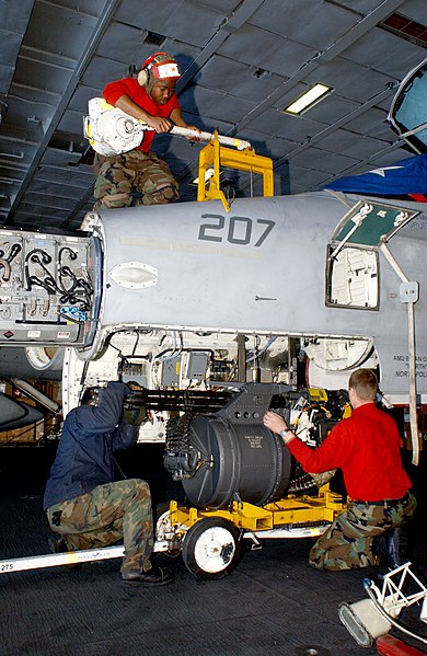 File:US Navy 030312-N-4965F-503 Aviation Ordnancemen load an M61A1 gattling gun onto an F-A-18C Hornet.jpg