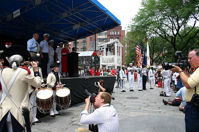 File:US Navy 070628-N-8110K-007 USS Constitution's color guard presents colors marching to the drums of an American Revolution period pipe and drum corps at the opening ceremony of Boston Harborfest and Boston Navy Week.jpg