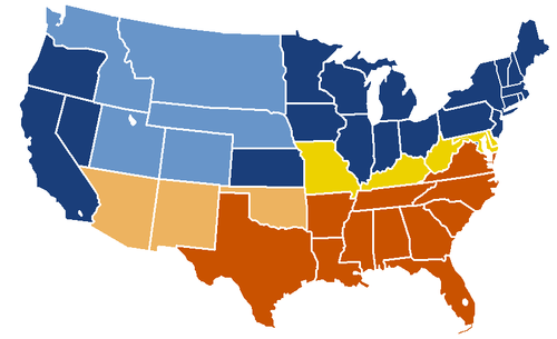 The Union: blue (free), yellow (slave);
The Confederacy: brown
*territories in light shades US Secession map 1863 (BlankMap derived).png