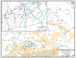 Kartskisse med prikkede blå linjer som viser den franske arméens fremrykking øst for den østerrikske styrken, hvis bevegelser vises med prikkede røde linjer.