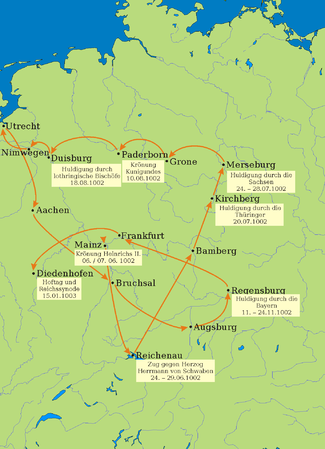 Umritt mit Huldigung durch die Sachsen 24. bis 27. Juli 1002 in Merseburg.