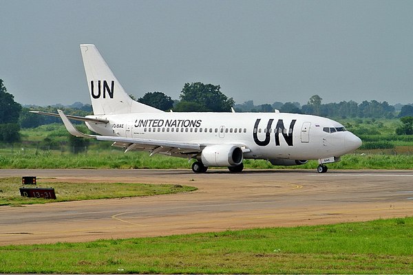 UTair operated for United Nations Humanitarian Air Service taxiing at Juba Airport.