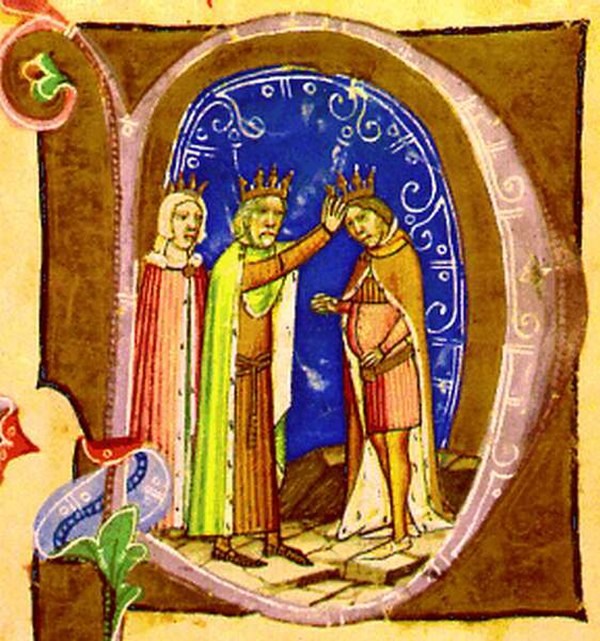 Duke Stephen is crowned by his father, Béla IV (from the Illuminated Chronicle)