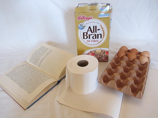 Paper products: book, toilet paper, ruled paper, carton, egg box