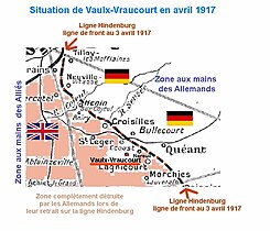 Situation de Vaulx-Vraucourt en 1917, en zone britannique, tout près de la ligne Hindenburg.