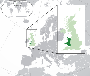 Уэльс на карте Европы. Светло-зелёным обозначены остальные территории Великобритании