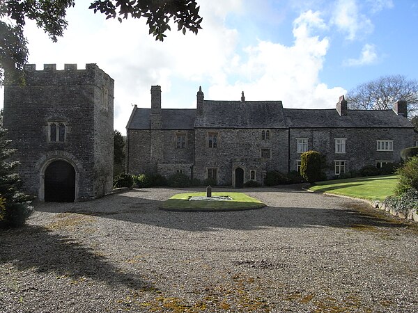 Weare Giffard Hall, manor house of Weare Giffard, North Devon. Viewed from the east at formal entrance gates