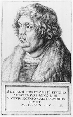 Gravuraĵo de Vilibaldo Pirkhajmeraĝante 53 jarojn, far Albrecht DürerNi vivas per la spirito,la resto apartenas al la morto.