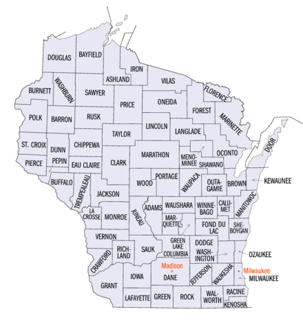 An enlargeable map of the 72 counties of the State of Wisconsin