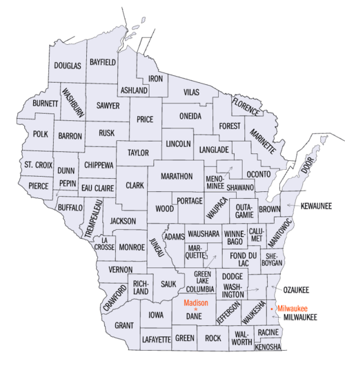 ウィスコンシン州の郡配置図