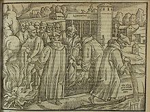 Burning Wycliffe's bones, from Foxe's Book of Martyrs (1563) Wycliffe bones Foxe.jpg