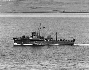 USS YMS-362 off Iwo Jima in February 1945. The ship later was renamed and redesignated USS Hawk (AMS-17).