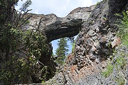 Looking up at Yellowstone Natural Bridge, a 51 foot tall arch created by Bridge Creek