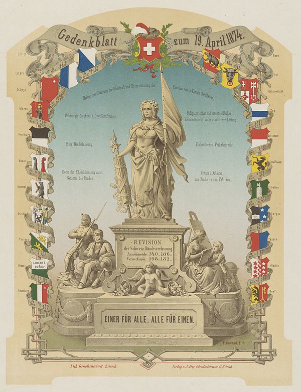 Memorial page to mark the revision of the federal constitution of 1874, featuring the motto "Einer für alle, alle für einen" ("One for all, all for on