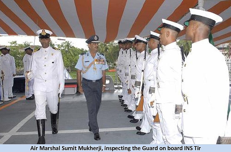 File:"Air Marshal Sumit Mukherji, inspecting the Guard on board INS Tir" photo, from- Navy extends farewell to Air Officer Commander in Chief, Southern Air Command in 2011 (page 1 crop).jpg