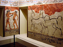 Akrotiri Frescos of Boxing Boys (Possibly Girls) and Gazelles in the National Archaeological Museum of Athens. 0020MAN-Akrotiri frescoes.jpg