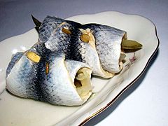 Rollmops, fish commonly served at Wigilia, important as a non-red-meat offering