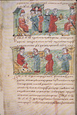 Миниатюра из Радзивилловской летописи, конец XV века, первое упоминание радимичей под 885 годом