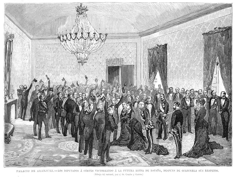 File:1878-01-30, La Ilustración Española y Americana, Palacio de Aranjuez, Los diputados á Cortes victoreando á la futura reina de España, después de ofrecerla sus respetos, Comba.jpg