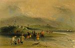 תל אבו הואם כפי שצויר בשנת 1840 על ידי הצייר האנגלי ויליאם הנרי ברטלט. על רכס ההר מצודת בורג' א-סלאם. הציור באדיבות המוזיאון הימי הלאומי בחיפה.
