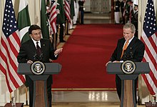 Pervez Musharraf with President Bush. 2006 Musharaff at the White House.jpeg