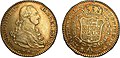 IV. Károly 2 escudós aranyérméjének elő- és hátoldala, az uralkodó portréjával és a Spanyol Királyság címerével.