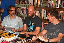 Soule (right) with (from left) fellow writers Joe Infurnari and Jeffrey Burandt at a signing at JHU Comics in Manhattan 6.24.15SigningByLuigiNovi7.jpg