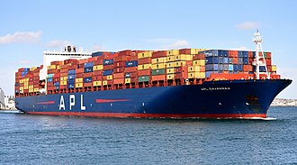 Container ship APL Savannah is seen departing from Fremantle, Australia. APL Savannah, Fremantle, 2020 (04).jpg