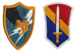 Shoulder Sleeve Insignia of the Army Security Agency (left) and the I Field Force, Vietnam (right) ASA FFV-I SSIs.png