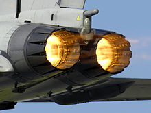 Afterburners on a British Eurofighter Typhoon. A Typhoon F2 fighter ignites its afterburners whilst taking off from RAF Coningsby MOD 45147957.jpg