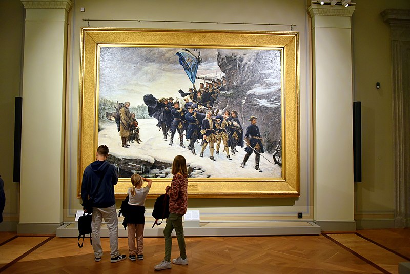 File:A family standing before the painting of "Bringing Home the Body of King Karl XII of Sweden", 1884, by Gustaf Cederströms, Nationalmuseum, Stockholm, Sweden.jpg