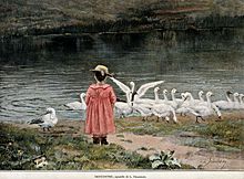 Léon Delachaux - Ragazza che incontra gli uccelli sulla riva di un lago.