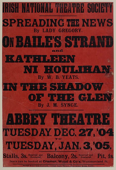 A poster for the opening run at the Abbey Theatre from 27 December 1904 to 3 January 1905.