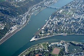 Confluence of the Moselle (right) and Rhine (left) rivers at the Deutsches Eck in Koblenz