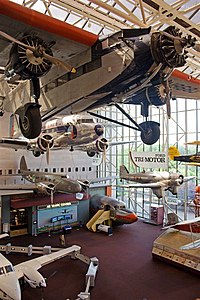 Aircraft on display at the National Air and Space Museum, including a Ford Trimotor and Douglas DC-3 (top and second from top) Air and Space Planes.jpg