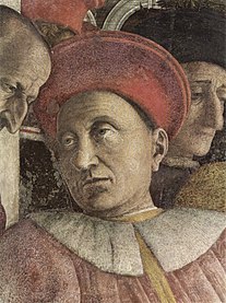 Ein sehr seltenes Beispiel eines echten Kragens im 15. Jahrhundert. (Andrea Mantegna: Ludovico II. Gonzaga, Camera degli sposi, Mantua, 1474)