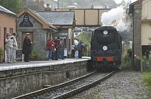 No.34007 Wadebridge, a former-SR West Country class 4-6-2 Pacific, arrives into Watchet railway station from Minehead, heading a passenger train on the heritage West Somerset Railway