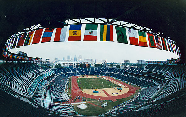 Interior of the stadium during the 1996 Paralympic Games. Atlanta-Fulton County stadium in the background