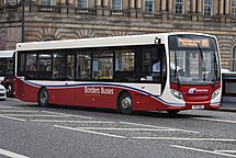 An Alexander Dennis Enviro 200, branded in the current Borders Buses corporate livery, at North Bridge in Edinburgh.