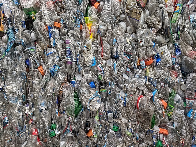 Mixed PET bottles crushed into a bale.