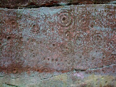 Cup-and-ring mark stone at Ballochmyle, Mauchline Ballochmyle Cup and Ring marked stone - 2.JPG