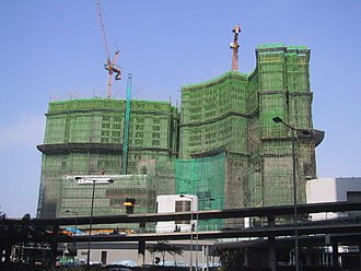 Bamboo scaffolding can reach great heights. BambooConstructionHongKong.jpg