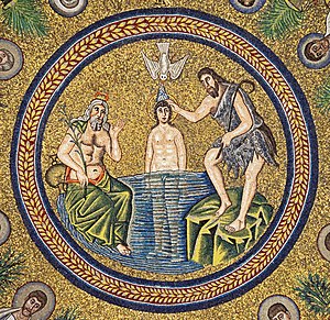 Baptism of Christ. Mosaic in Arian Baptistry. Ravenna, Italy.jpg