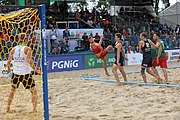 Deutsch: Beachhandball Europameisterschaften 2019 (Beach handball Euro); Tag 6: 7. Juli 2019 – Spiel um Platz Drei, Männer, Ungarn-Russland 2:0 (26:20, 23:22) English: Beach handball Euro; Day 6: 7 July 2019 – Men's Bronze Medal Match – Hungary-Russia 2:0 (26:20, 23:22)