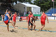 Deutsch: Beachhandball Europameisterschaften 2019 (Beach handball Euro); Tag 2: 3. Juli 2019 – Männer, Vorrunde Gruppe B, Serbien-Portugal 2:0 (20:15, 88:17) English: Beach handball Euro; Day 2: 3 July 2019 – Men Preliminary Round Group B - Serbia-Portugal 2:0 (20:15, 88:17)