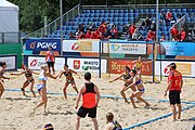 Deutsch: Beachhandball Europameisterschaften 2019 (Beach handball Euro); Tag 2: 3. Juli 2019 – Frauen, Vorrunde Gruppe C, Spanien-Griechenland 2:1 (12:20, 18:16; 8:2) English: Beach handball Euro; Day 2: 3 July 2019 – Women Preliminary Round Group C – Spain-Greece 2:1 (12:20, 18:16; 8:2)