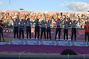 Deutsch: Beachhandball bei den Olympischen Jugendspielen 2018 in Buenos Aires; Tag 7, 13. Oktober 2018; Medaillenzeremonie Mädchen - Gold: Argentinien, Silber: Kroatien, Bronze: Ungarn English: Beach handball at the 2018 Summer Youth Olympics in Buenos Aires at 13 October 2018 – Medal Ceremony Girls - Gold: Argentina, Silver: Croatia, Bronze: Hungary Español: Handball de playa en los Juegos Olimpicos de la Juventud Buenos Aires 2018 en 13 de octubre de 2018 – Medalla Ceremonia para niñas - Oro: Argentina, Plata: Croacia, Bronce: Hungría