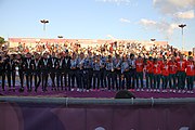 Deutsch: Beachhandball bei den Olympischen Jugendspielen 2018 in Buenos Aires; Tag 7, 13. Oktober 2018; Medaillenzeremonie Mädchen - Gold: Argentinien, Silber: Kroatien, Bronze: Ungarn English: Beach handball at the 2018 Summer Youth Olympics in Buenos Aires at 13 October 2018 – Medal Ceremony Girls - Gold: Argentina, Silver: Croatia, Bronze: Hungary Español: Handball de playa en los Juegos Olimpicos de la Juventud Buenos Aires 2018 en 13 de octubre de 2018 – Medalla Ceremonia para niñas - Oro: Argentina, Plata: Croacia, Bronce: Hungría