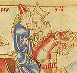 Becket bids farewell to the Pope - Becket Leaves (c.1220-1240), f. 1v - BL Loan MS 88 (cropped).jpg