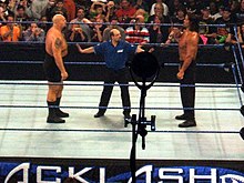 The Big Show and The Great Khali staring at each other before their match. BigShow-Khali-Staredown.jpg